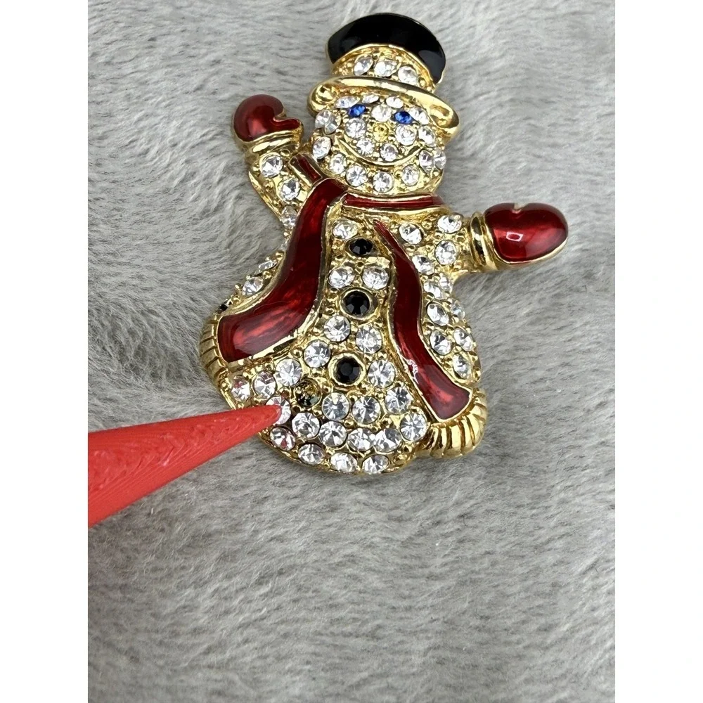 Vintage Monet Brooch Gold Tone Rhinestone Enamel Snowman
